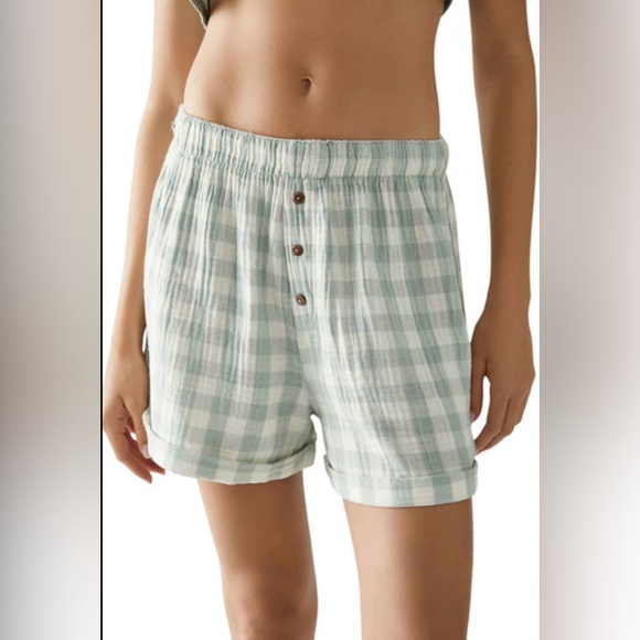Free People Pants - NWT: FREE PEOPLE Sunday Morning Boxer Aqua Gingham Size Large